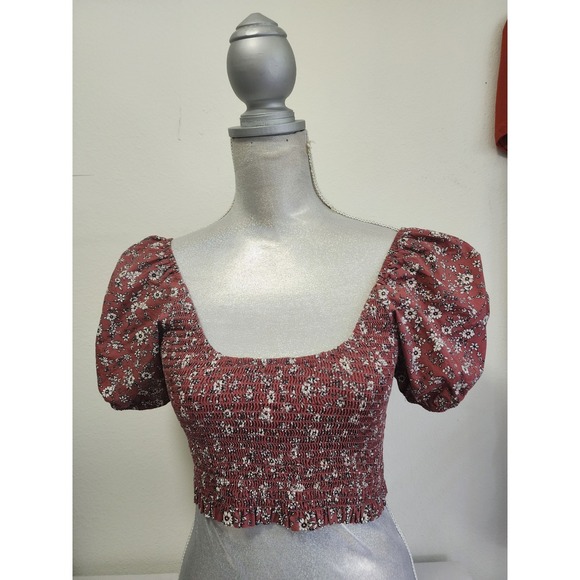 Altar'd State Tops - Altar'd State Floral Smocked Crop Top Rust Puff Sleeve Tie Back KEMLA U50 Small